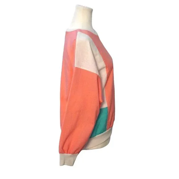 Vintage Color Block Shirt, Peach Aqua White Top, Womens Size L, Granny - Picture 3 of 10